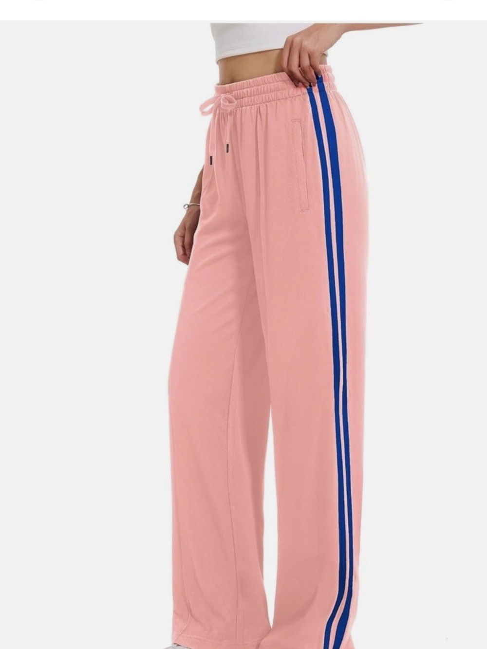 Wide-Leg Pink Track Pants with Blue Side Stripes